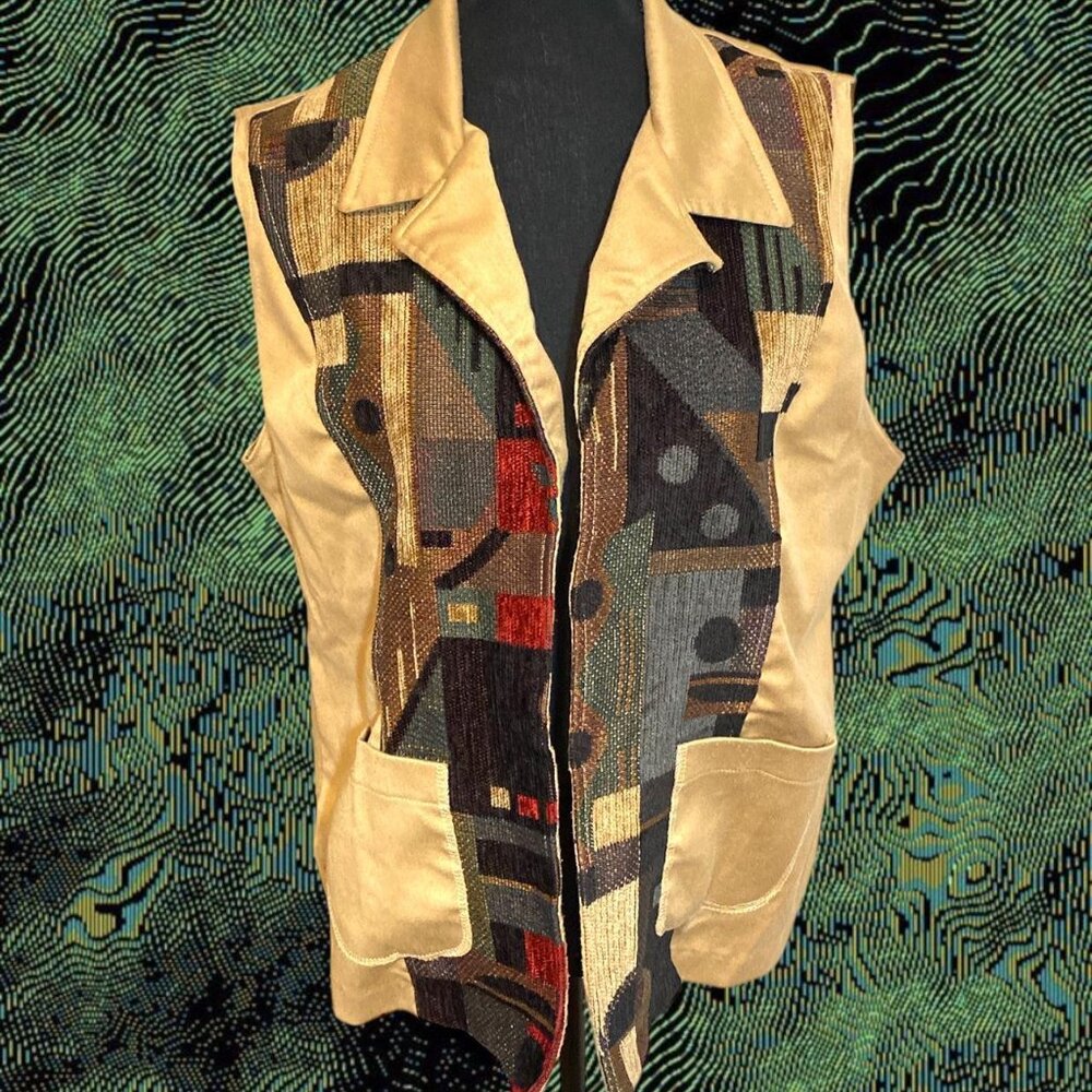 VTG tan unique multicolored funky pattern collared vest